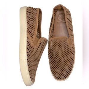 Tory Burch Jesse Suede Perforated Sneaker Tan Sz 9 Slip On